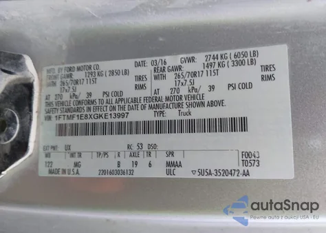 2016 Ford F-150 Xlt z USA, uszkodzony, nr VIN 1FTMF1E8XGKE13997